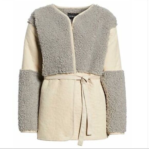 Ivory Suede Leather Gray Sherpa Front Pockets Winter Wrap Coat by Lucky Brand - Picture 3 of 4